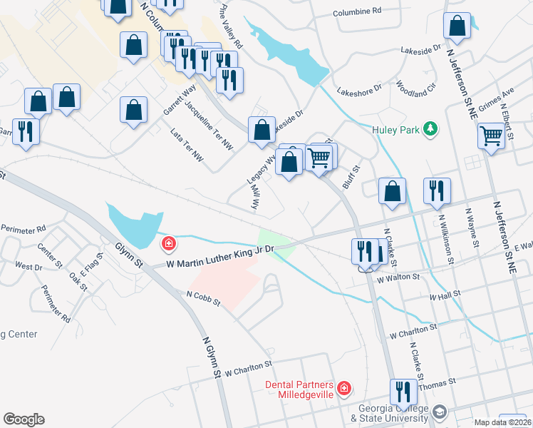 map of restaurants, bars, coffee shops, grocery stores, and more near 1420 N Columbia St in Milledgeville