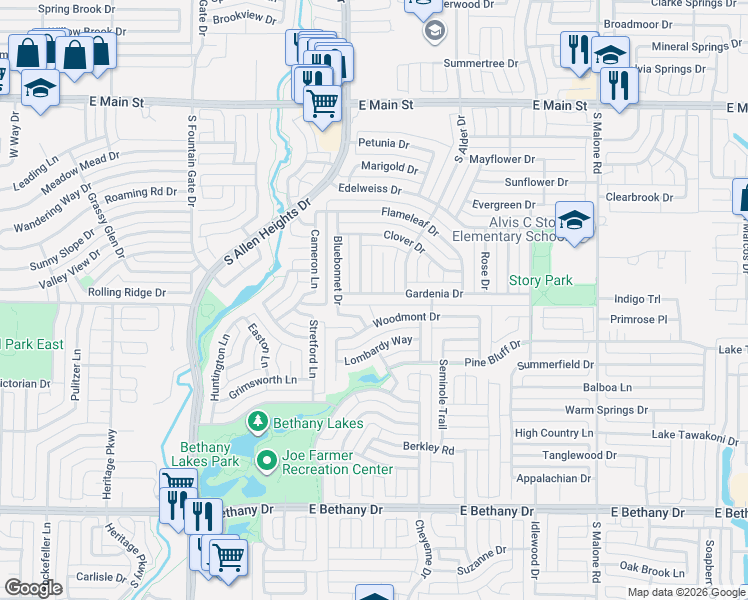 map of restaurants, bars, coffee shops, grocery stores, and more near 727 Bluebonnet Drive in Allen