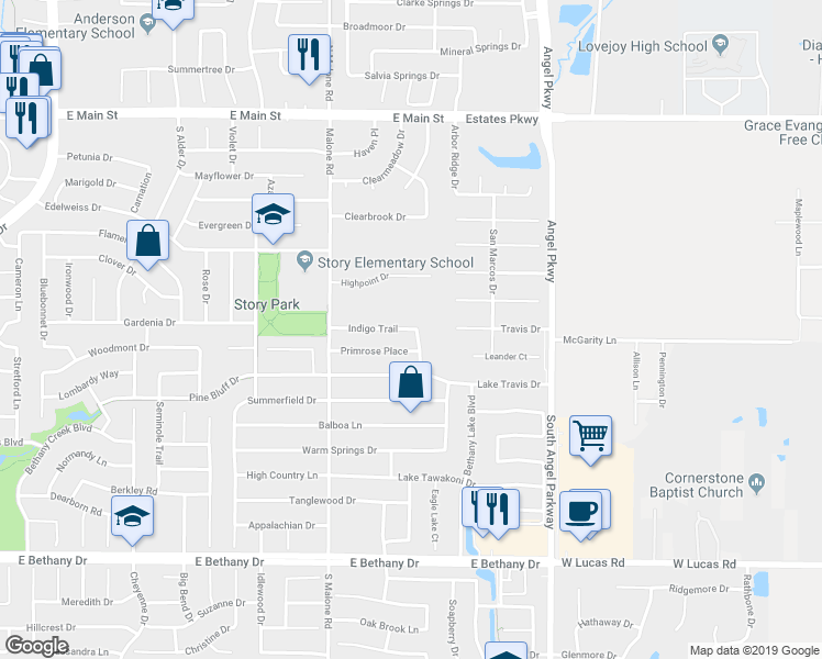 map of restaurants, bars, coffee shops, grocery stores, and more near 1614 Indigo Trail in Allen