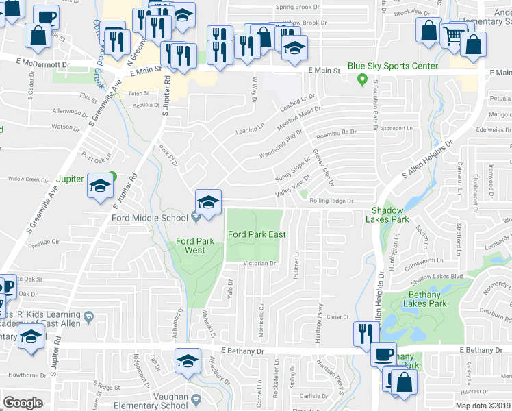 map of restaurants, bars, coffee shops, grocery stores, and more near 634 Park Place Drive in Allen