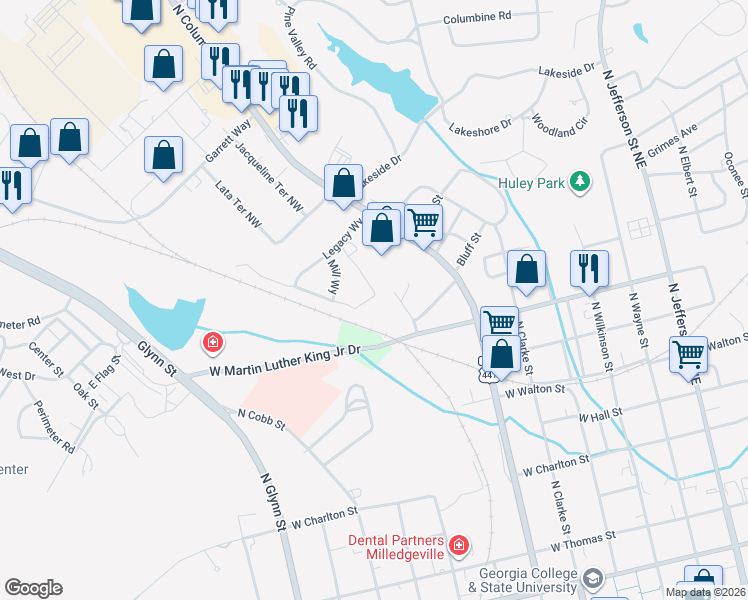 map of restaurants, bars, coffee shops, grocery stores, and more near 591 W Martin Luther King Jr Dr in Milledgeville