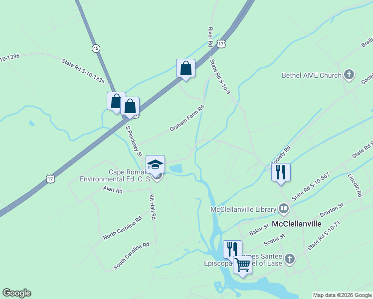 map of restaurants, bars, coffee shops, grocery stores, and more near 1024 South Pinckney Street in McClellanville