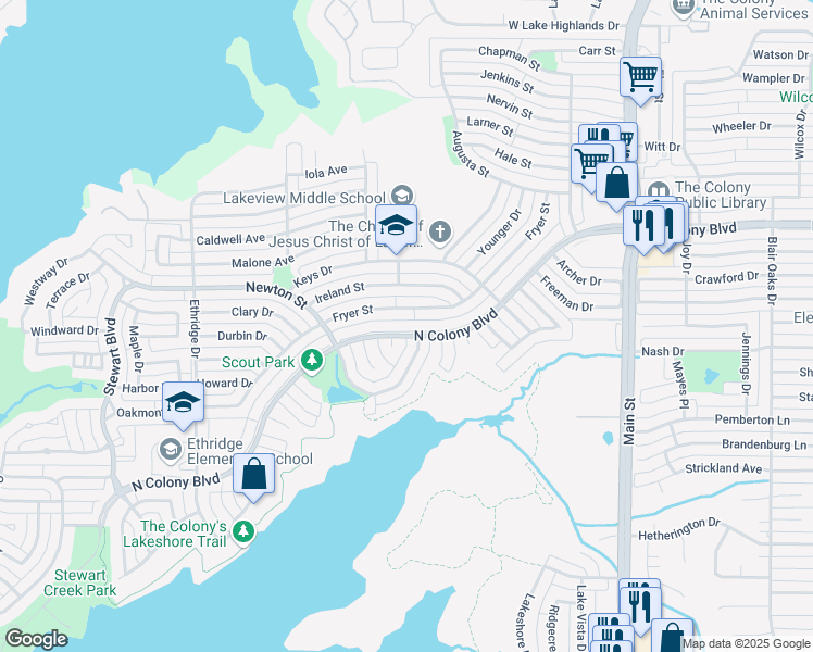 map of restaurants, bars, coffee shops, grocery stores, and more near 4304 North Colony Boulevard in The Colony