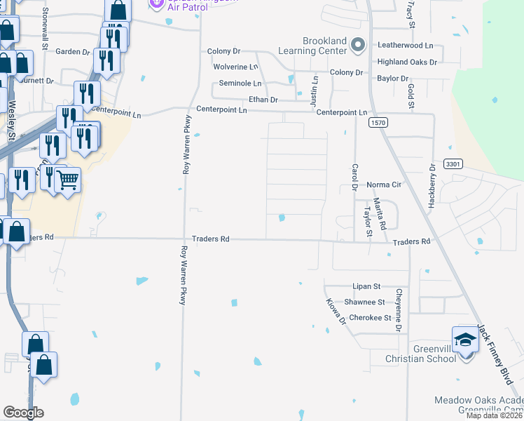 map of restaurants, bars, coffee shops, grocery stores, and more near 1106 Traders Road in Greenville