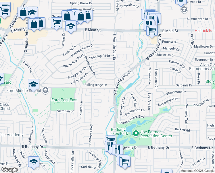 map of restaurants, bars, coffee shops, grocery stores, and more near 914 Park Place Drive in Allen