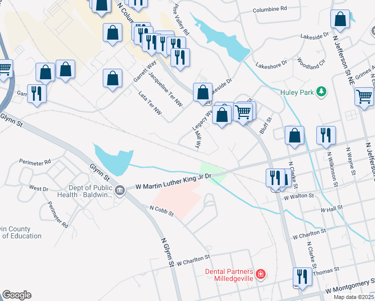 map of restaurants, bars, coffee shops, grocery stores, and more near 261 Whistle Way in Milledgeville