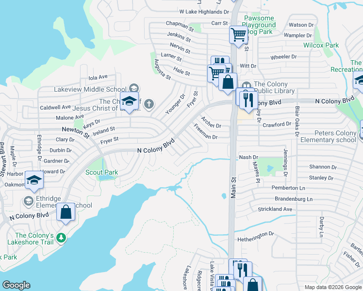 map of restaurants, bars, coffee shops, grocery stores, and more near 4521 Keys Drive in The Colony
