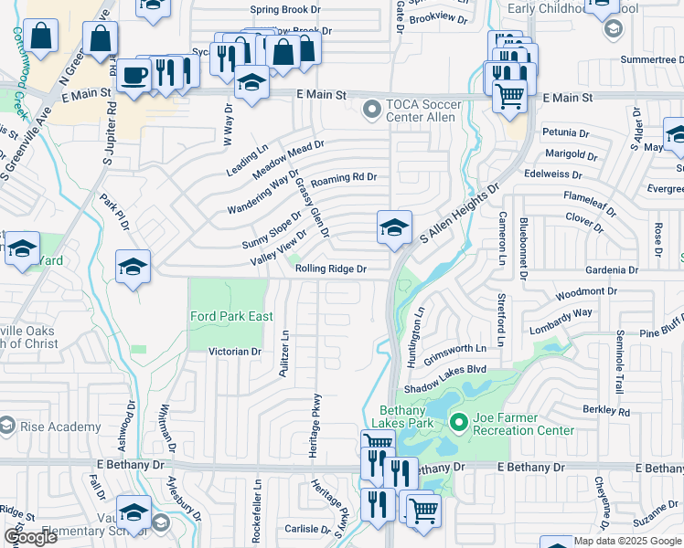 map of restaurants, bars, coffee shops, grocery stores, and more near 804 Rolling Ridge Drive in Allen