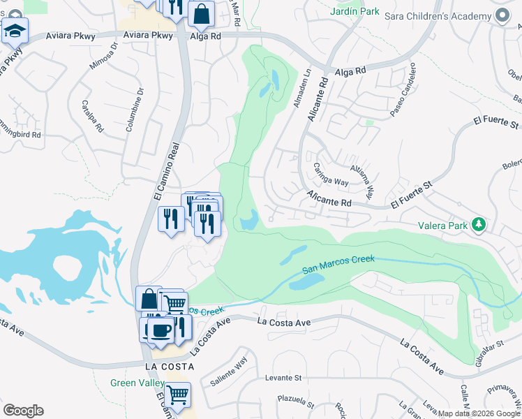 map of restaurants, bars, coffee shops, grocery stores, and more near 24 Greenview Drive in Carlsbad