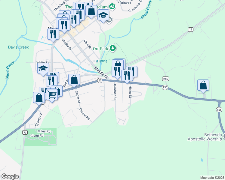 map of restaurants, bars, coffee shops, grocery stores, and more near 185 Gardner Street in Montevallo