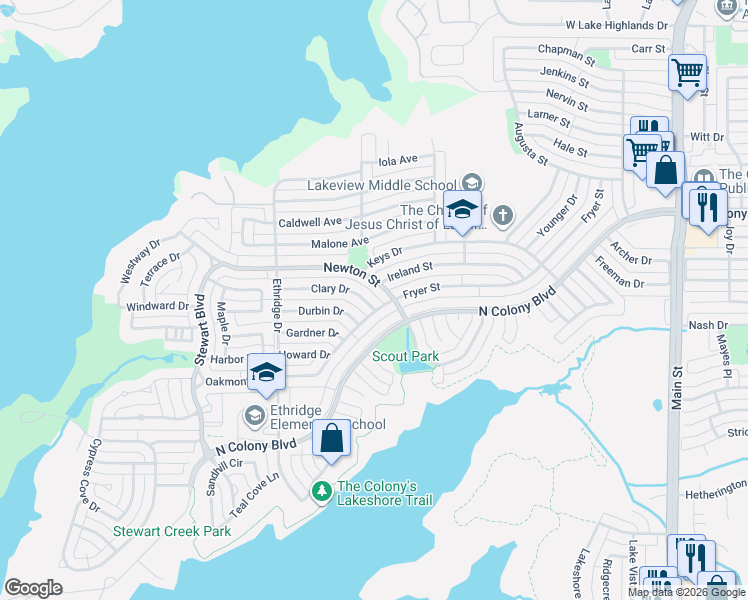 map of restaurants, bars, coffee shops, grocery stores, and more near 4177 Clary Drive in The Colony