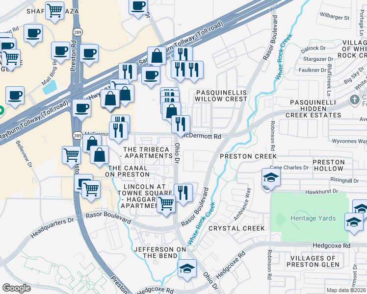 map of restaurants, bars, coffee shops, grocery stores, and more near 8405 Foothill Drive in Plano