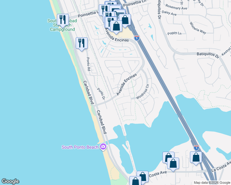 map of restaurants, bars, coffee shops, grocery stores, and more near 7396 Escallonia Court in Carlsbad