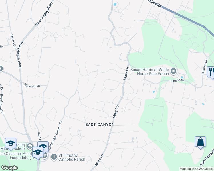 map of restaurants, bars, coffee shops, grocery stores, and more near 1135 Orangewood Drive in Escondido