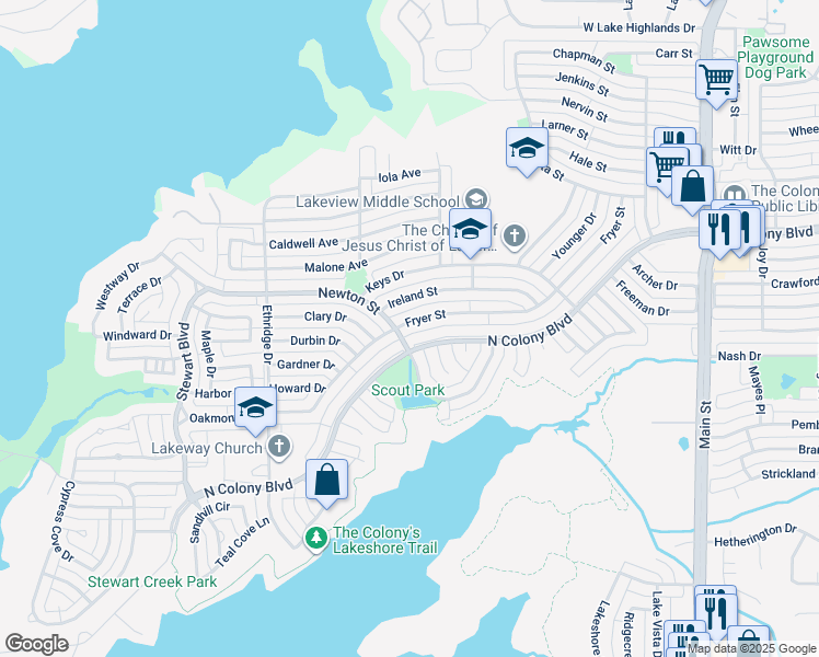 map of restaurants, bars, coffee shops, grocery stores, and more near 4205 Fryer Street in The Colony