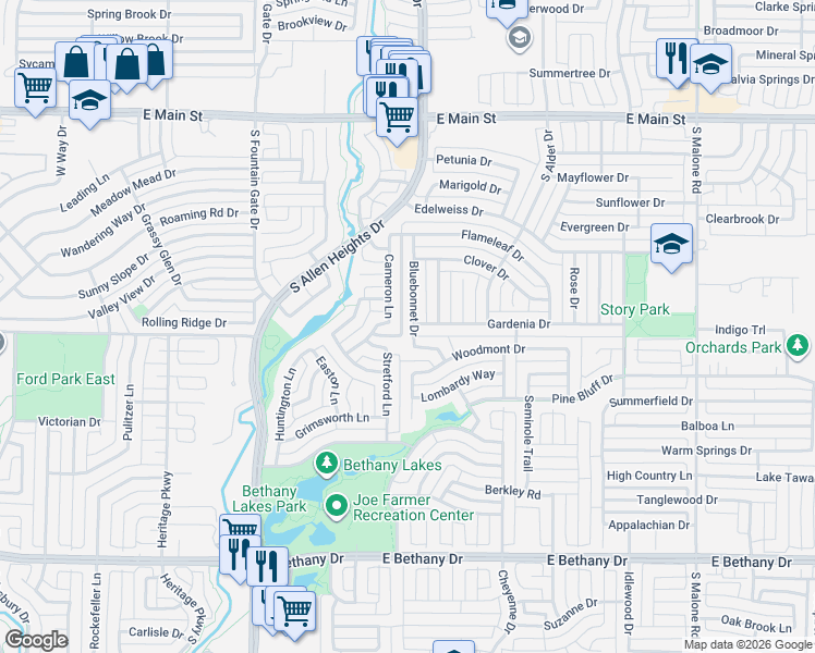 map of restaurants, bars, coffee shops, grocery stores, and more near 1218 Cameron Lane in Allen