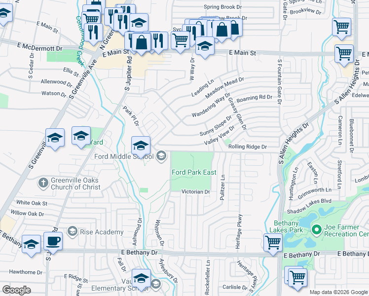 map of restaurants, bars, coffee shops, grocery stores, and more near 626 Valley View Drive in Allen