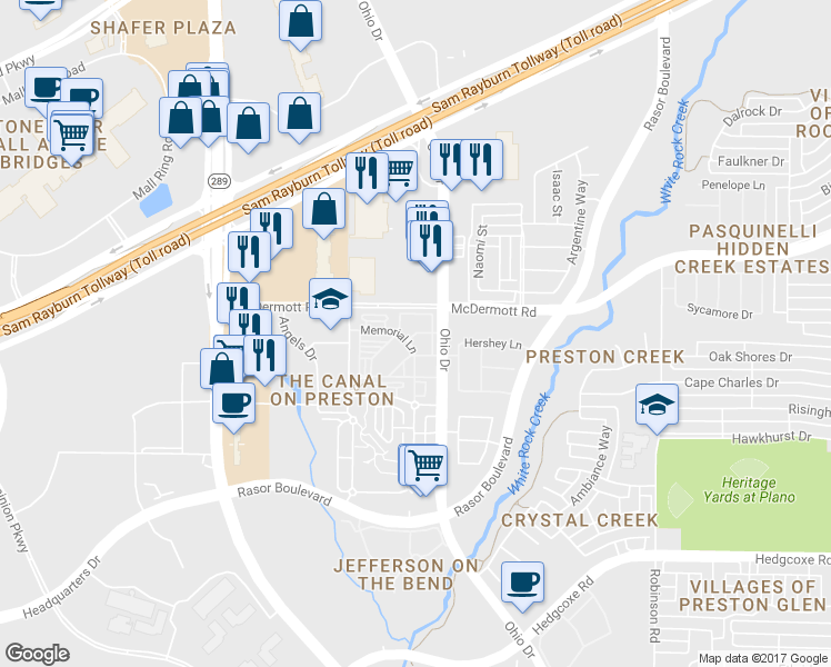 map of restaurants, bars, coffee shops, grocery stores, and more near 4720 Tribeca Lane in Plano