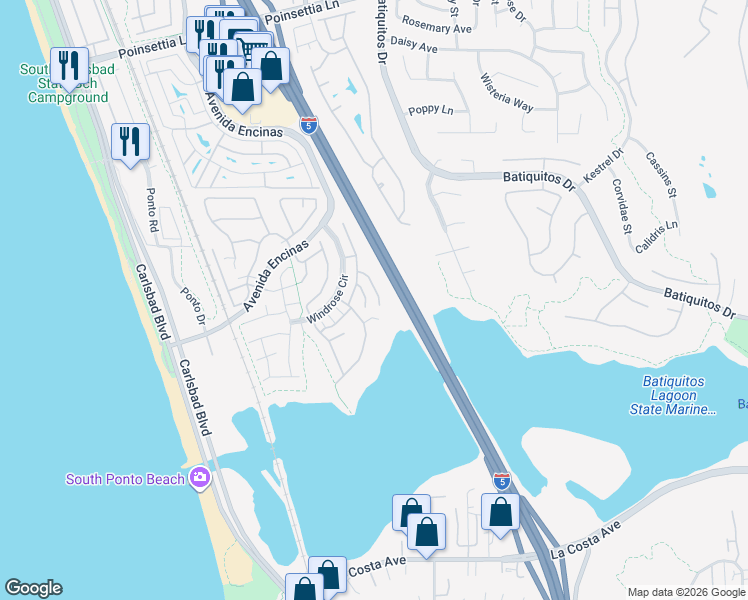 map of restaurants, bars, coffee shops, grocery stores, and more near 7479 Mermaid Lane in Carlsbad