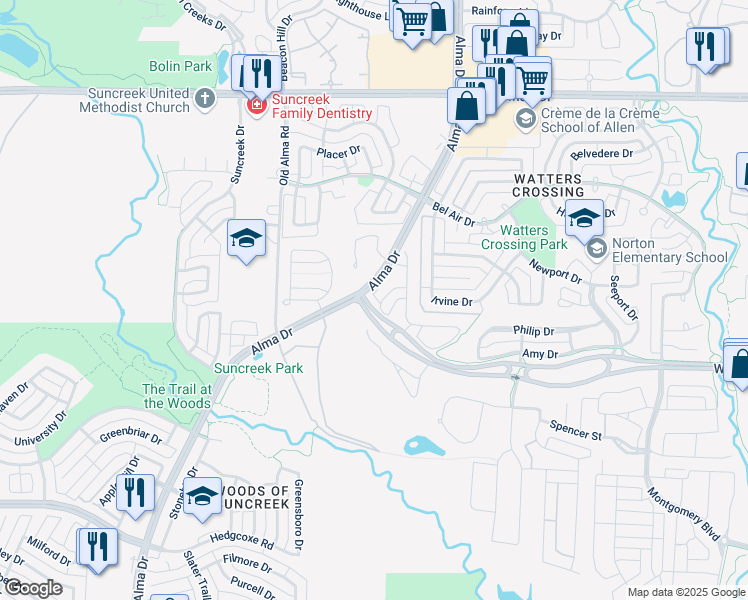 map of restaurants, bars, coffee shops, grocery stores, and more near 1384 Elaine Drive in Allen