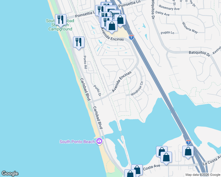 map of restaurants, bars, coffee shops, grocery stores, and more near 7396 Escallonia Court in Carlsbad