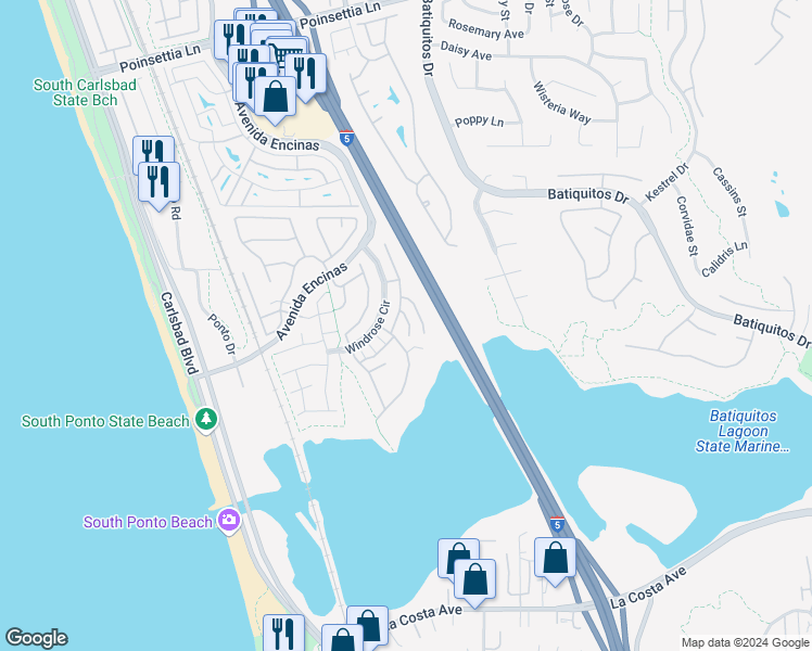 map of restaurants, bars, coffee shops, grocery stores, and more near 7483 Seashell Court in Carlsbad
