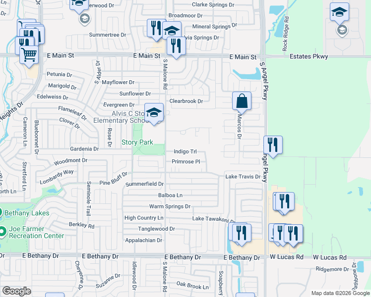 map of restaurants, bars, coffee shops, grocery stores, and more near 1614 Indigo Trail in Allen