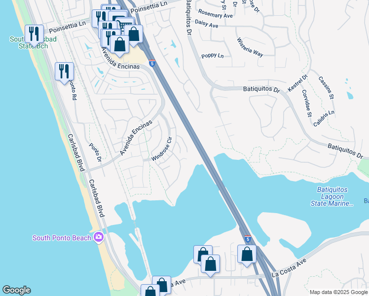 map of restaurants, bars, coffee shops, grocery stores, and more near 7479 Mermaid Lane in Carlsbad