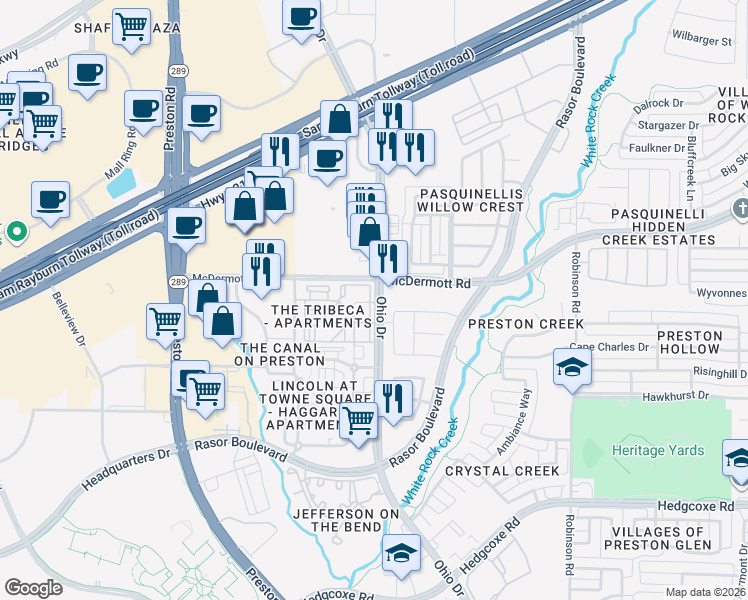 map of restaurants, bars, coffee shops, grocery stores, and more near 4700 Tribeca Lane in Plano