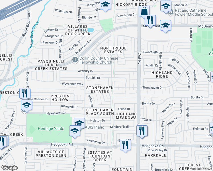 map of restaurants, bars, coffee shops, grocery stores, and more near 8424 Brooksby Drive in Plano