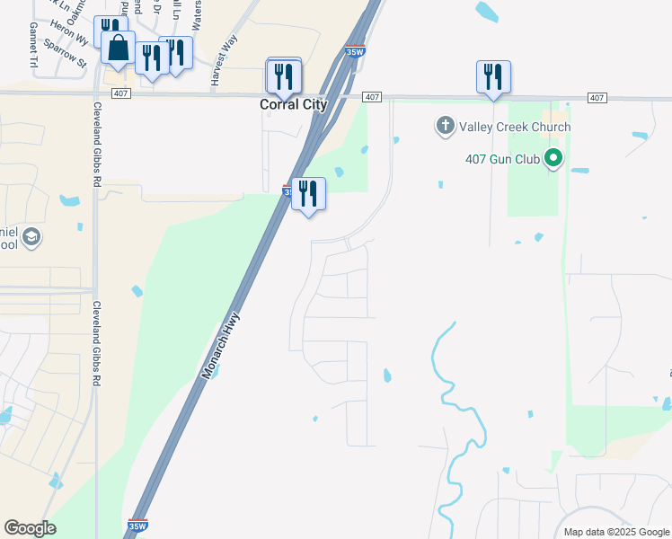 map of restaurants, bars, coffee shops, grocery stores, and more near Interstate 35W in Flower Mound