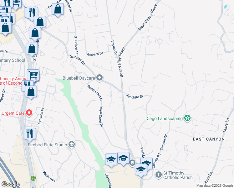 map of restaurants, bars, coffee shops, grocery stores, and more near 2401 Sunset Drive in Escondido