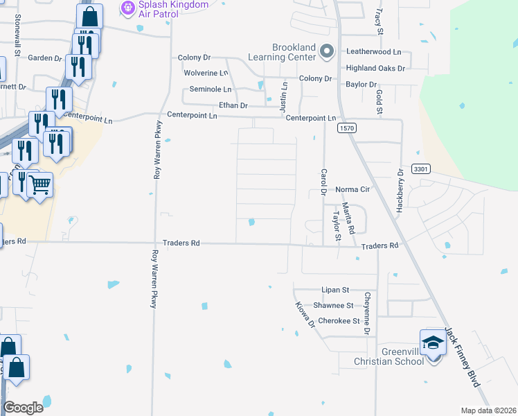 map of restaurants, bars, coffee shops, grocery stores, and more near 1102 Traders Road in Greenville