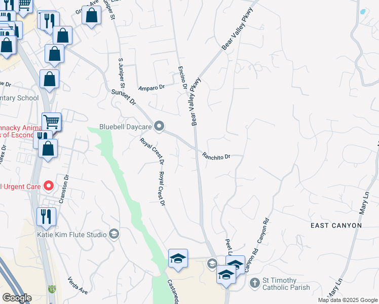 map of restaurants, bars, coffee shops, grocery stores, and more near 2401 Sunset Drive in Escondido