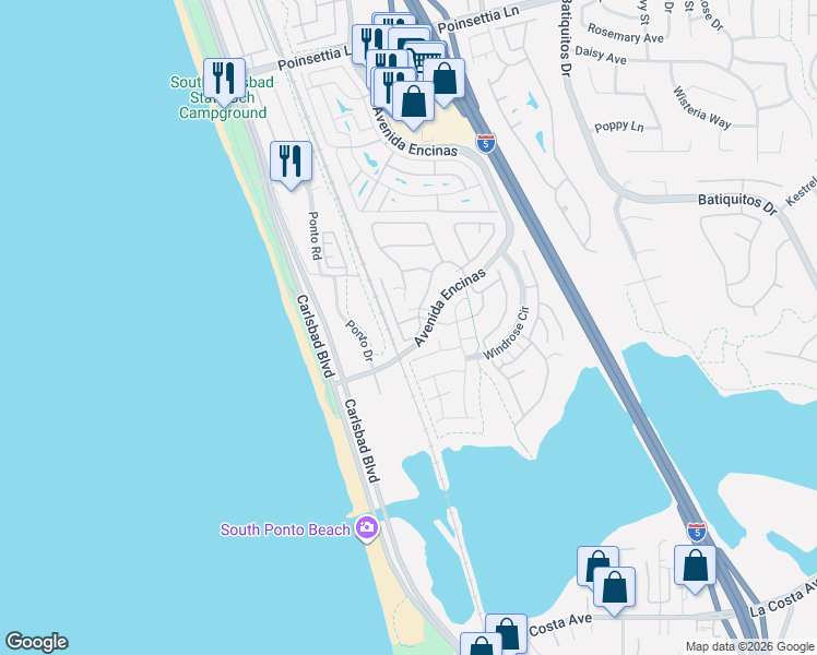map of restaurants, bars, coffee shops, grocery stores, and more near 7396 Escallonia Court in Carlsbad
