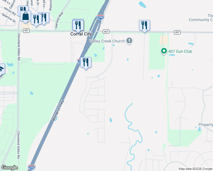 map of restaurants, bars, coffee shops, grocery stores, and more near Interstate 35W in Flower Mound