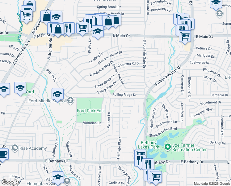 map of restaurants, bars, coffee shops, grocery stores, and more near 730 Park Place Drive in Allen