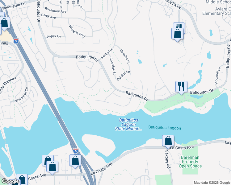 map of restaurants, bars, coffee shops, grocery stores, and more near 1322 Alcyon Court in Carlsbad