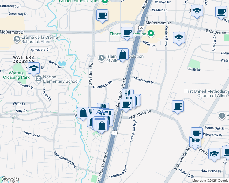 map of restaurants, bars, coffee shops, grocery stores, and more near 700 Central Expressway South in Allen