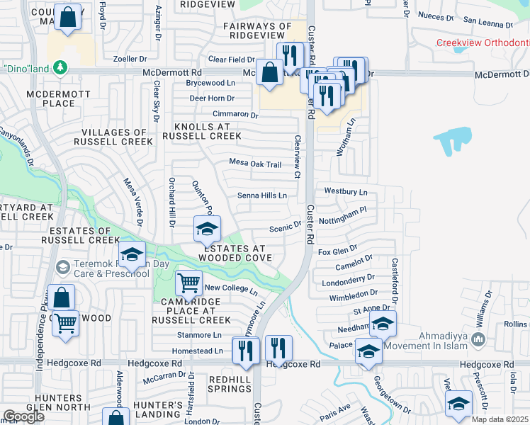 map of restaurants, bars, coffee shops, grocery stores, and more near 2321 Scenic Drive in Plano
