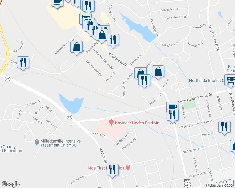 map of restaurants, bars, coffee shops, grocery stores, and more near 262 Whistle Way in Milledgeville
