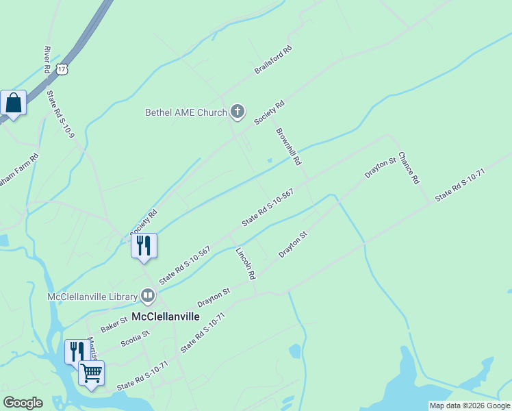 map of restaurants, bars, coffee shops, grocery stores, and more near 459 Mercantile Road in McClellanville