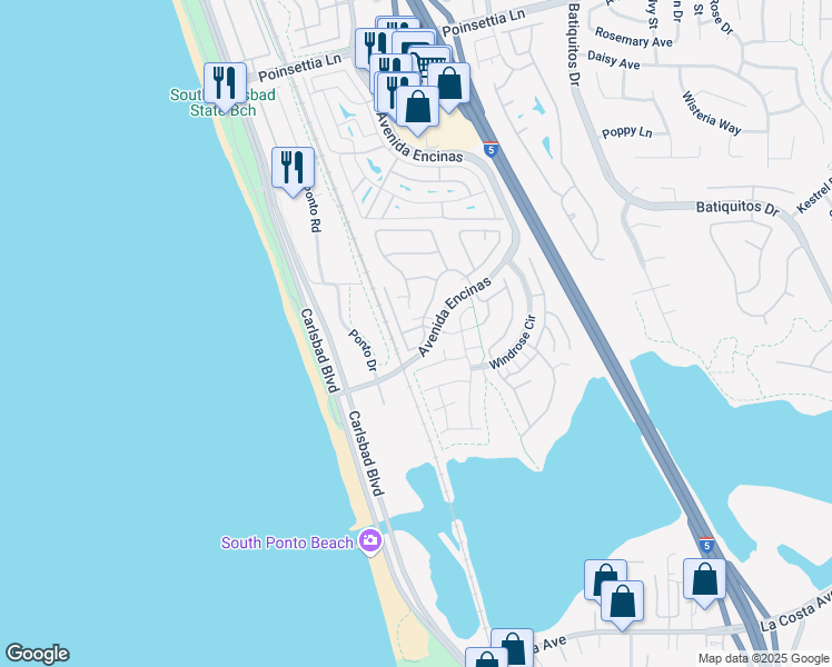 map of restaurants, bars, coffee shops, grocery stores, and more near 7398 Escallonia Court in Carlsbad