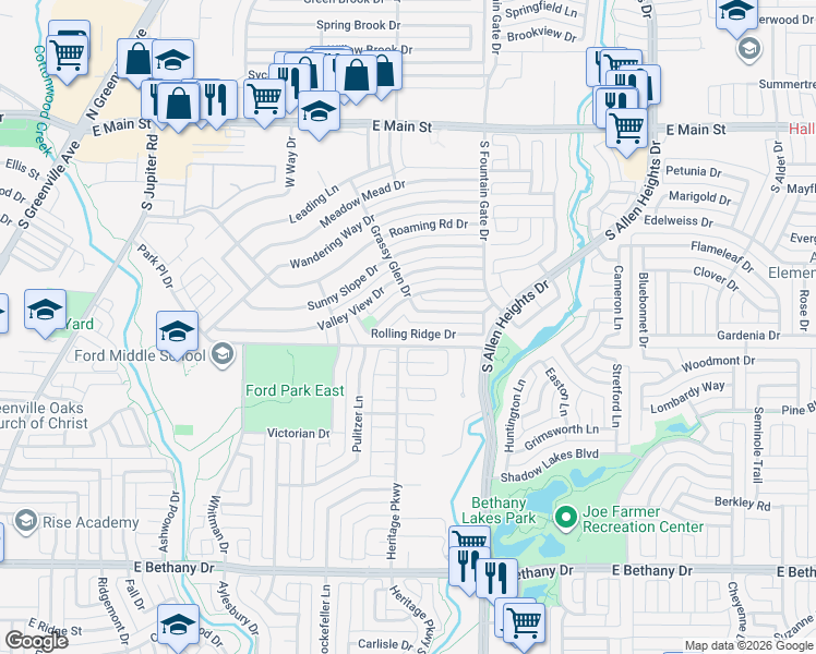 map of restaurants, bars, coffee shops, grocery stores, and more near 730 Park Place Drive in Allen