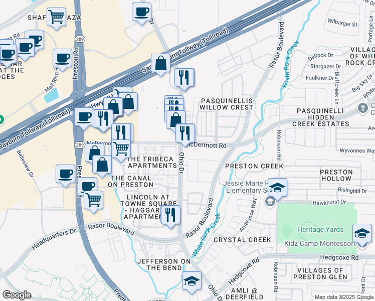map of restaurants, bars, coffee shops, grocery stores, and more near 8500 Ohio Drive in Plano