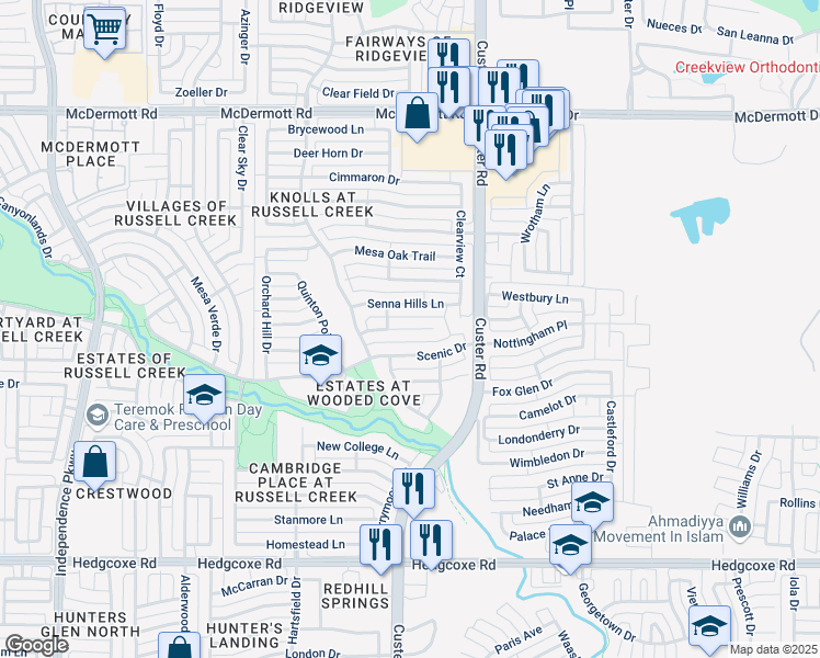 map of restaurants, bars, coffee shops, grocery stores, and more near 2321 Scenic Drive in Plano