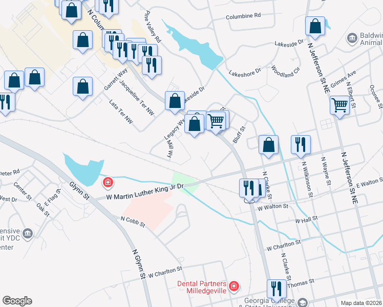map of restaurants, bars, coffee shops, grocery stores, and more near 591 W Martin Luther King Jr Dr in Milledgeville