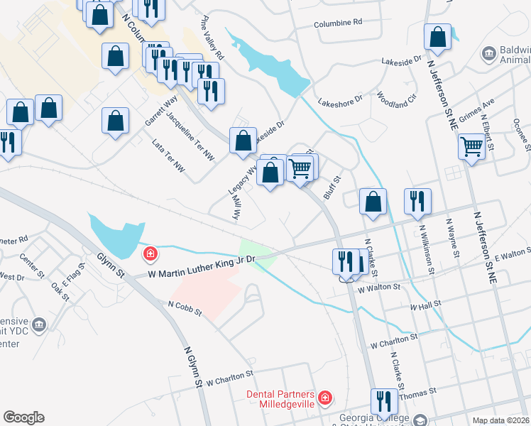 map of restaurants, bars, coffee shops, grocery stores, and more near 1400 North Columbia Street in Milledgeville