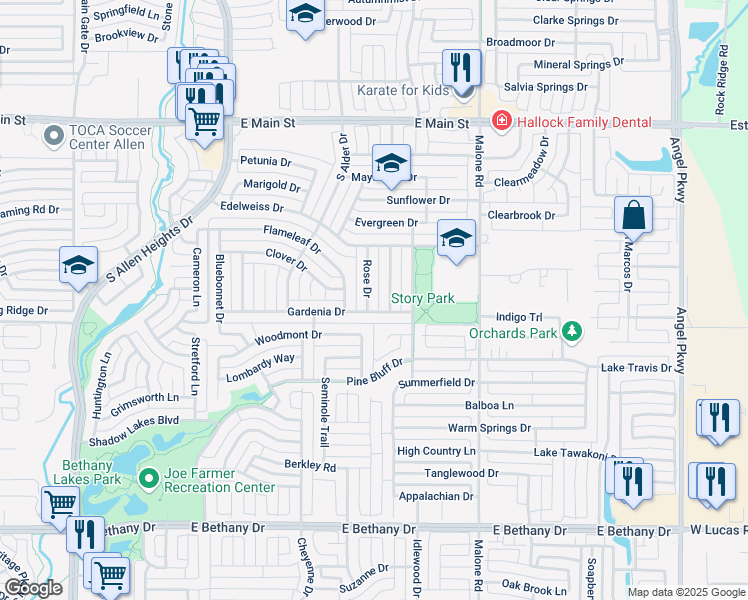 map of restaurants, bars, coffee shops, grocery stores, and more near 502 Nandina Drive in Allen