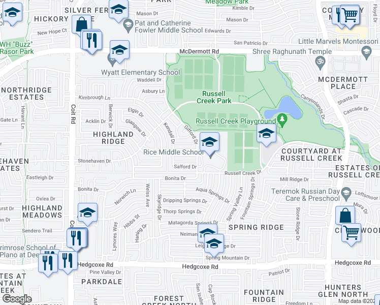 map of restaurants, bars, coffee shops, grocery stores, and more near 3609 Adavale Drive in Plano